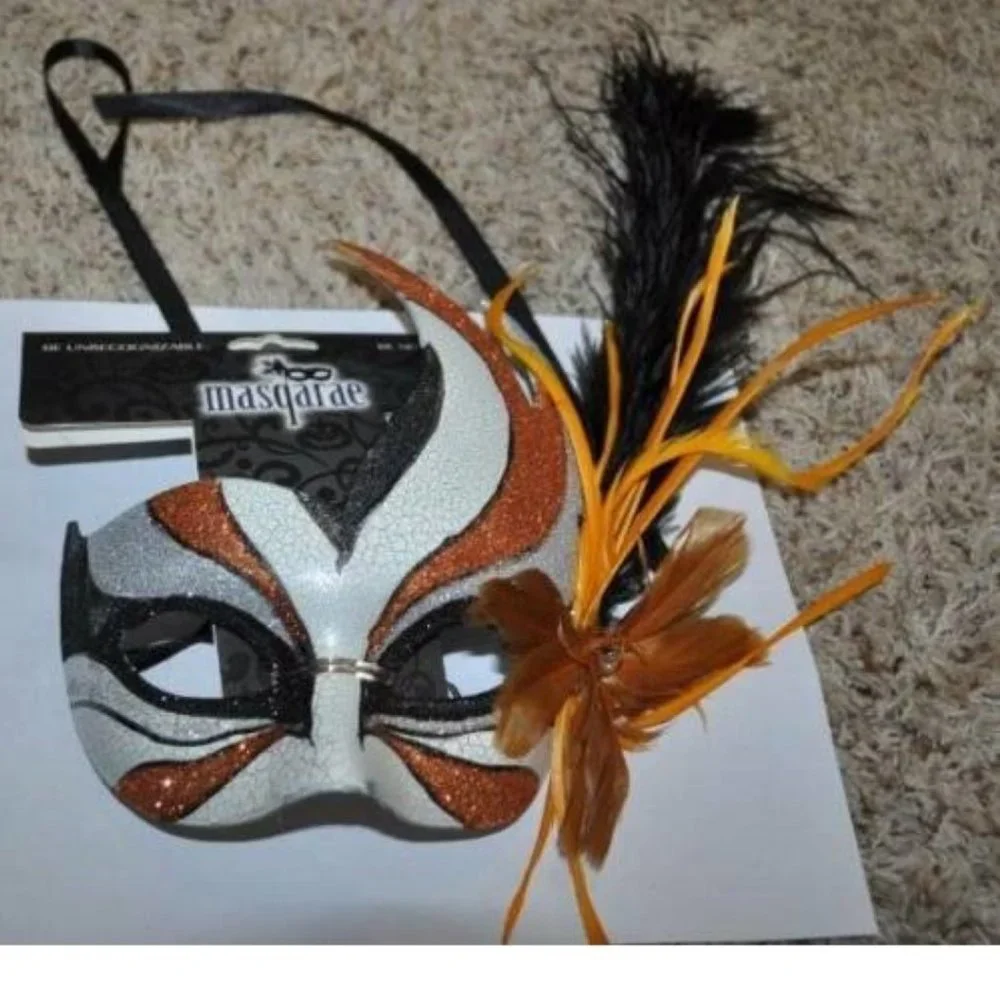Masquerade Mask Halloween Mardi Gras White & Orange Feather Bird Ceramic Party